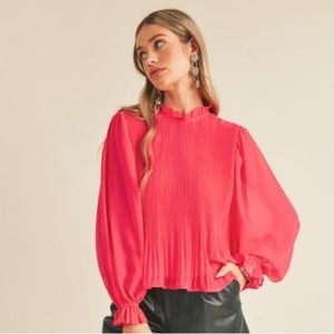 NEW! Pink Pleated High Ruffle Neck Top